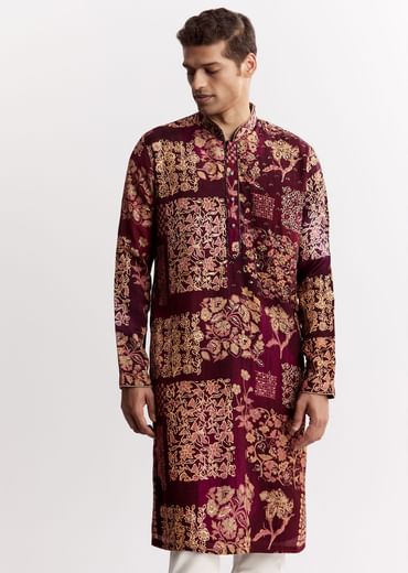 Wine Chanderi Kurta Set With Stone Sequins And Cutdana Work