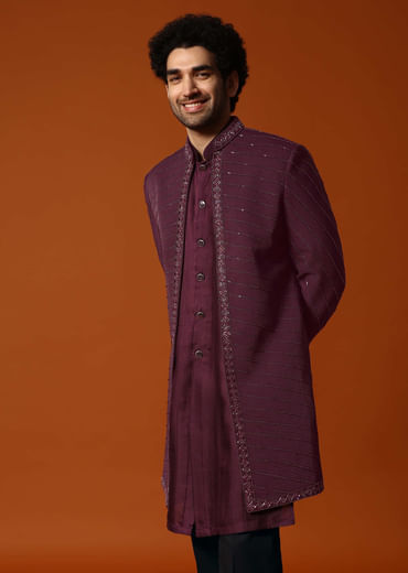 Wine Cutdana Embroidered Sherwani Set For Men