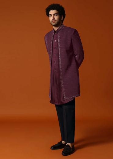 Wine Cutdana Embroidered Sherwani Set For Men