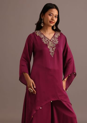 Wine Embroidered Kurta Palazzo Suit