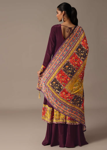 Wine Embroidered Kurta Palazzo Set With Mirror Work Dupatta
