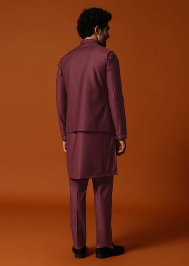 Wine Embroidered Rayon Kurta Jacket Set For Men