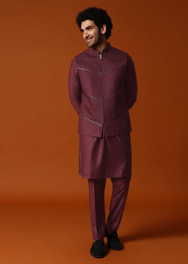 Wine Embroidered Rayon Kurta Jacket Set For Men