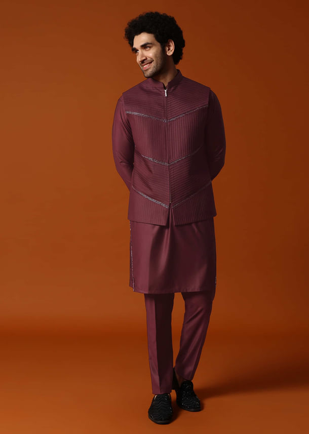 Wine Embroidered Rayon Kurta Jacket Set For Men