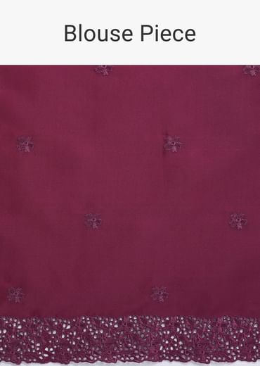 Wine Embroidered Tussar Saree With Unstitched Blouse
