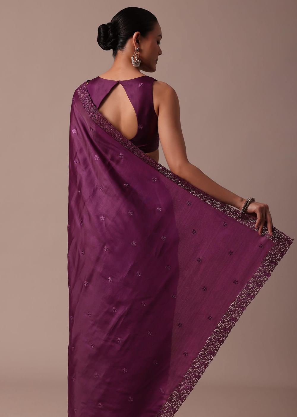 Wine Embroidered Tussar Saree With Unstitched Blouse