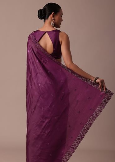 Wine Embroidered Tussar Saree With Unstitched Blouse