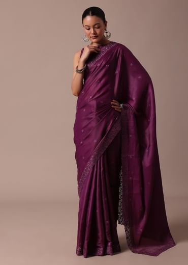 Wine Embroidered Tussar Saree With Unstitched Blouse