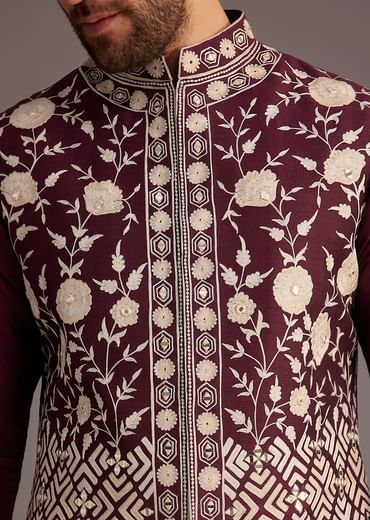 Wine Floral Embroidered Jacket Kurta Set