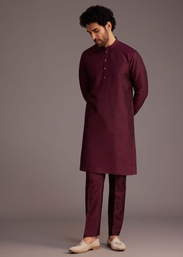 Wine Floral Embroidered Jacket Kurta Set