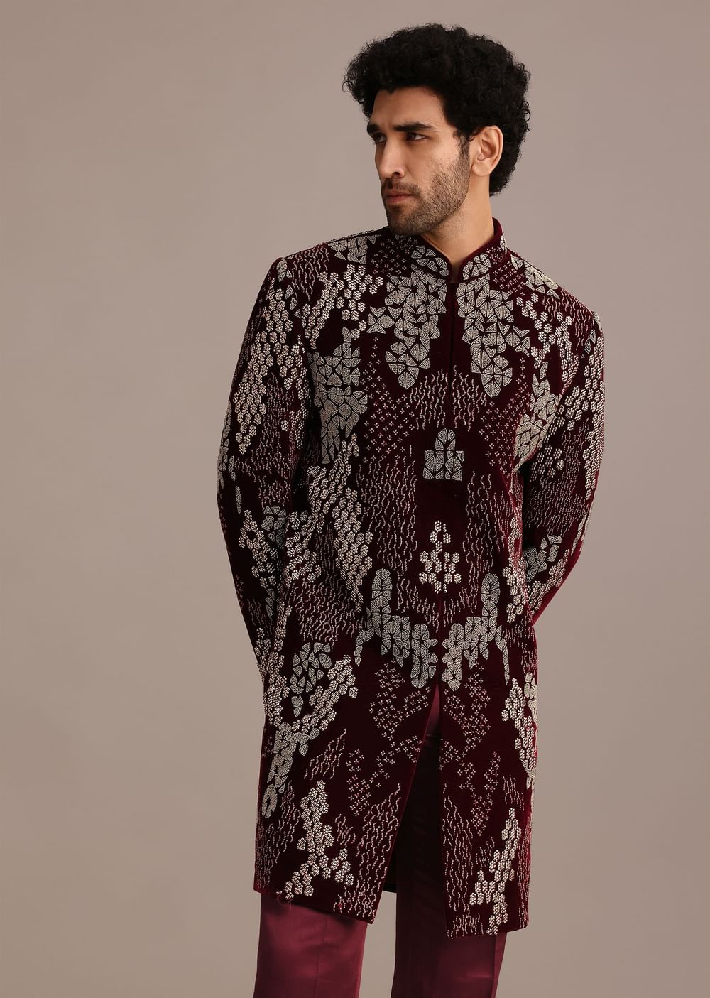 Wine Hand Embroidered Indo Western Set In Velvet