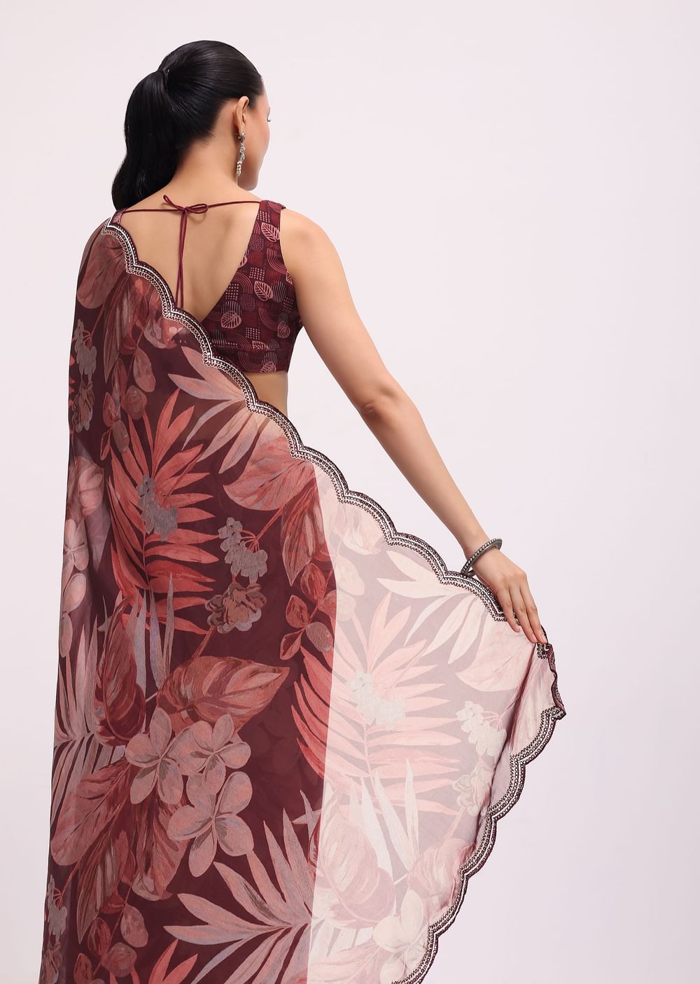 Wine Organza Leaf Printed Saree With Unstitched Blouse