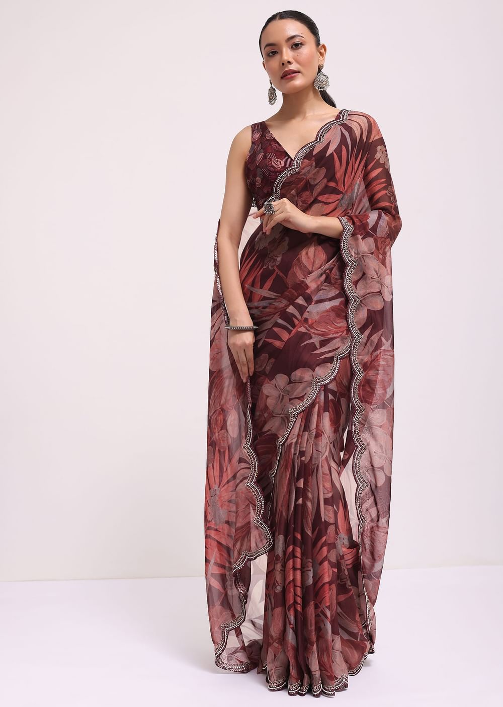 Wine Organza Leaf Printed Saree With Unstitched Blouse