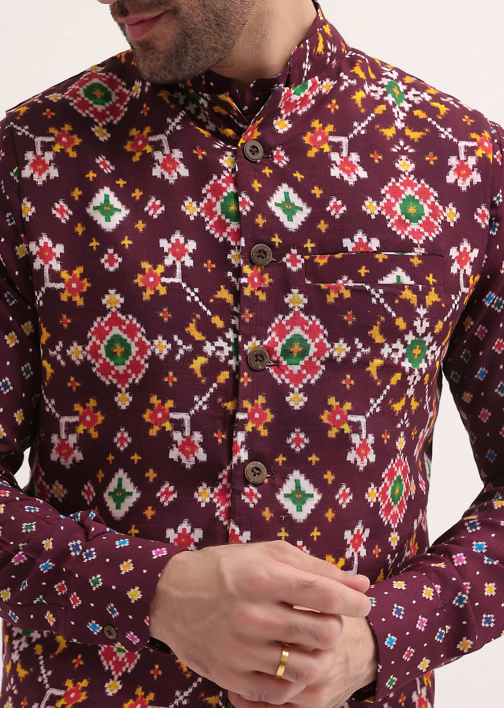Wine Patola Printed Kurta Jacket Set For Men