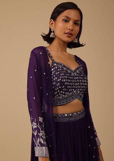 Wine Purple Palazzo Suit In Georgette With Mirror And Sequins Embroidery
