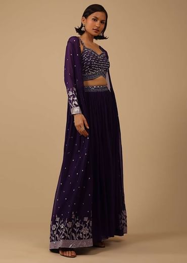 Wine Purple Palazzo Suit In Georgette With Mirror And Sequins Embroidery
