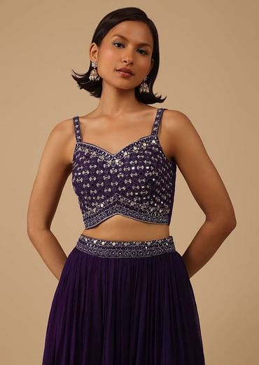 Wine Purple Palazzo Suit In Georgette With Mirror And Sequins Embroidery