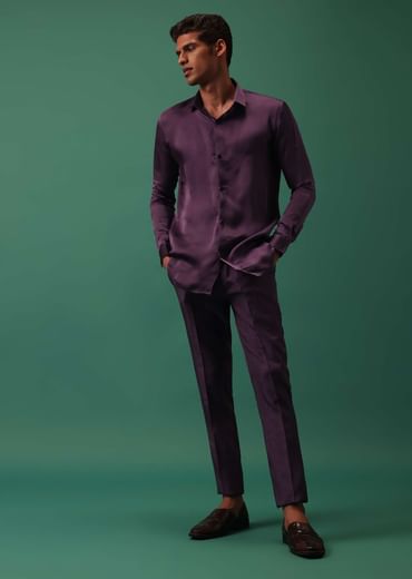 Wine Purple Pleated Tuxedo Set In Shimmer