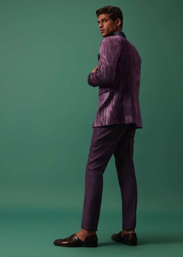 Wine Purple Pleated Tuxedo Set In Shimmer