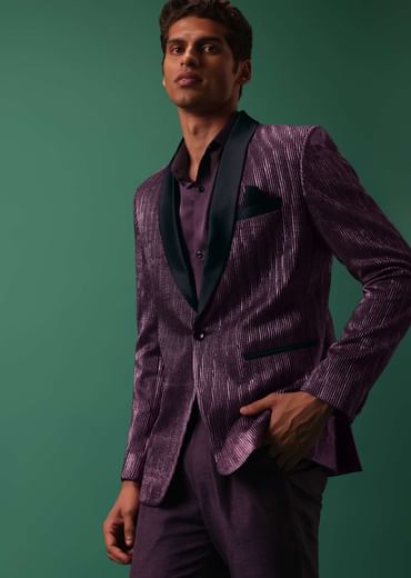 Wine Purple Pleated Tuxedo Set In Shimmer