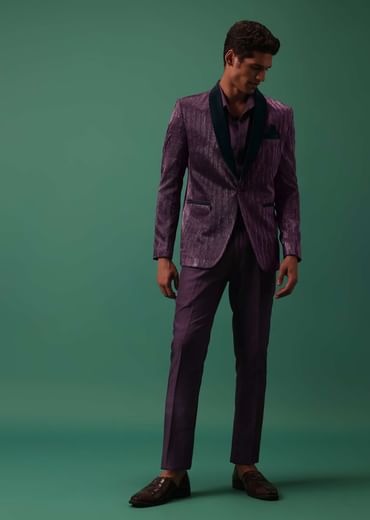 Wine Purple Pleated Tuxedo Set In Shimmer
