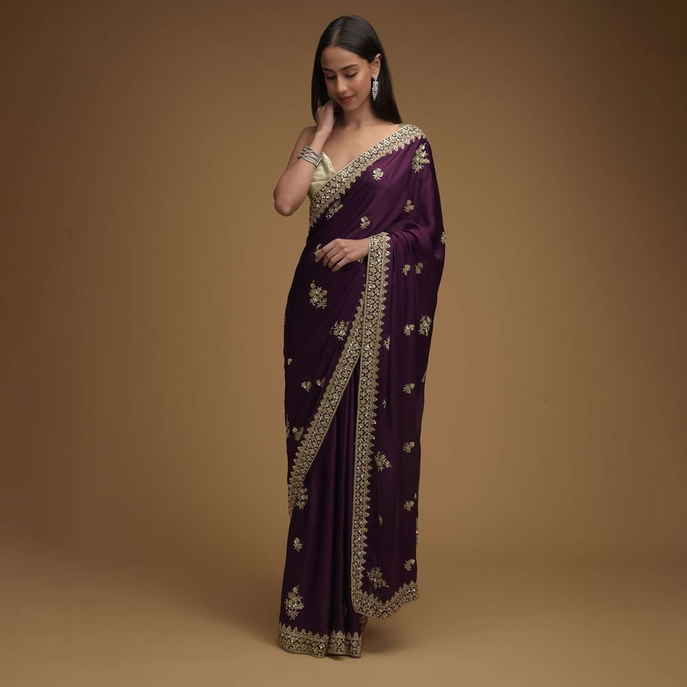 Wine Purple Saree In Satin With Hand Embroidered Floral Buttis Using Cut Dana And Sequins Work