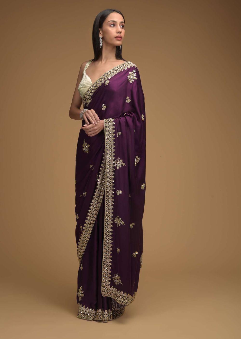Wine Purple Saree In Satin With Hand Embroidered Floral Buttis Using Cut Dana And Sequins Work