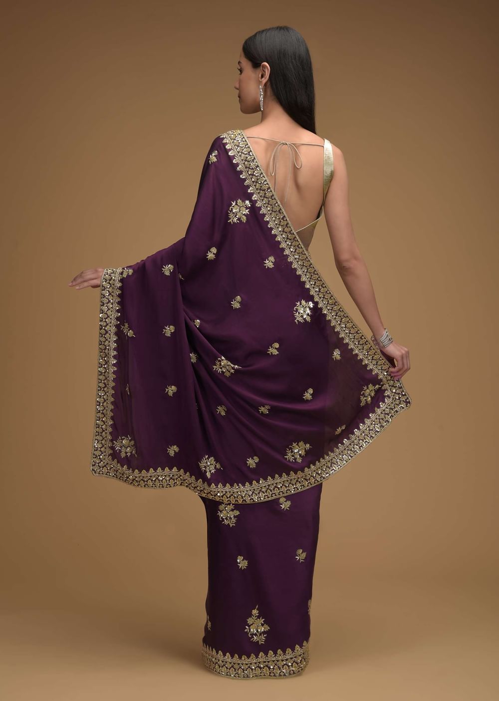 Wine Purple Saree In Satin With Hand Embroidered Floral Buttis Using Cut Dana And Sequins Work