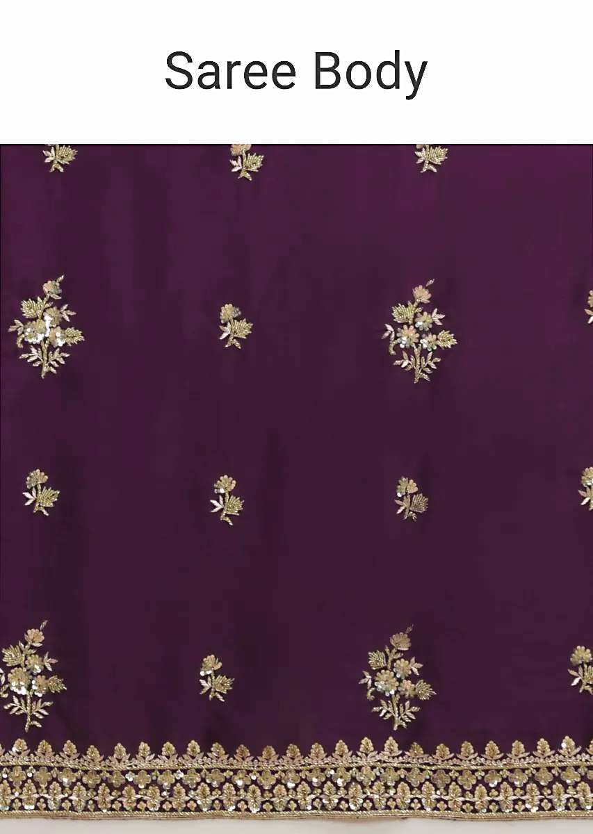 Wine Purple Saree In Satin With Hand Embroidered Floral Buttis Using Cut Dana And Sequins Work