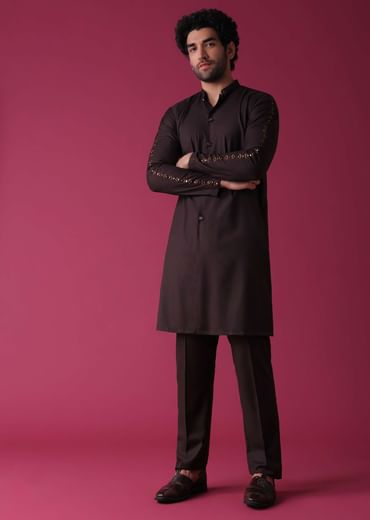Wine Red Jacket Kurta Set In Silk With Heavy Threadwork And Abla