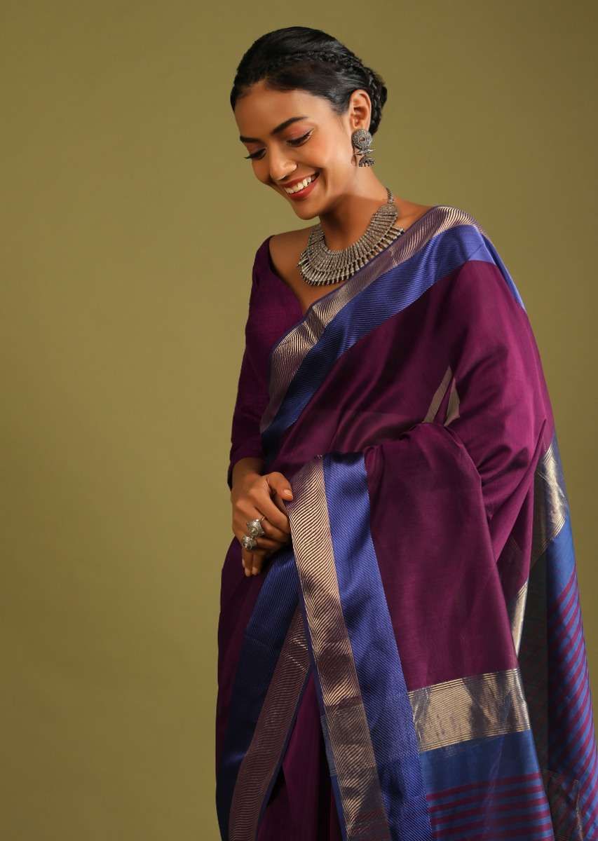 Wine Saree In Tussar Silk With Gold And Blue Woven Border And Striped Pallu Design