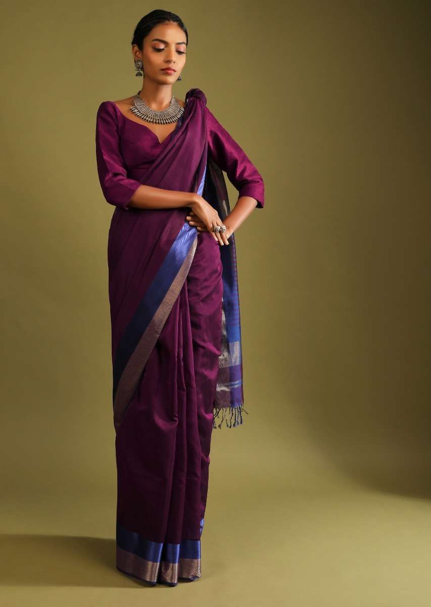 Wine Saree In Tussar Silk With Gold And Blue Woven Border And Striped Pallu Design
