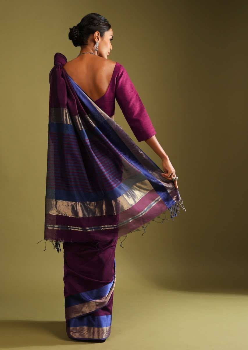Wine Saree In Tussar Silk With Gold And Blue Woven Border And Striped Pallu Design
