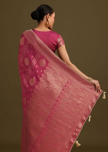 Wine Satin Brocade Zari Weave Saree