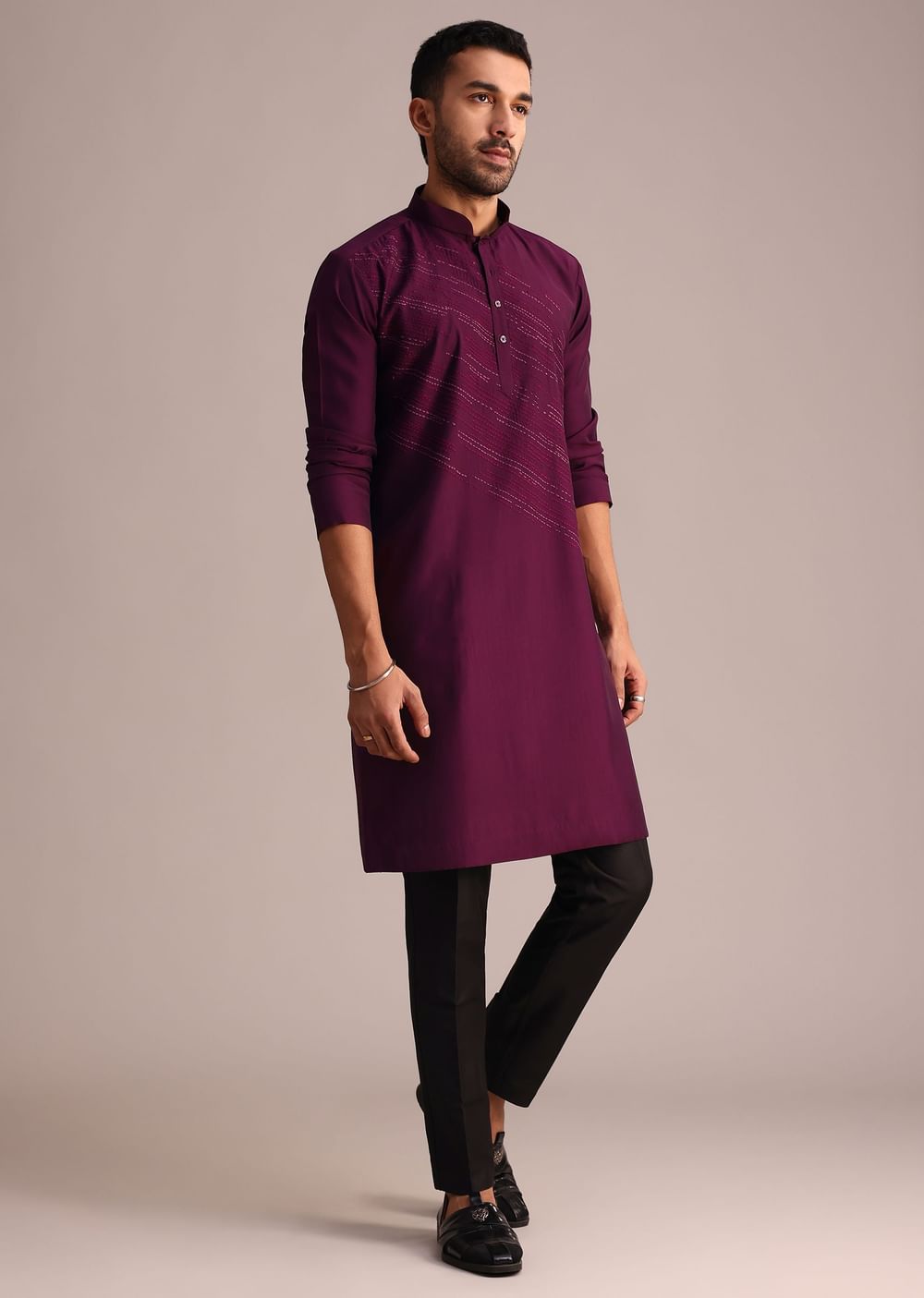 Wine Silk Blend Hand Embroidered Kurta Set