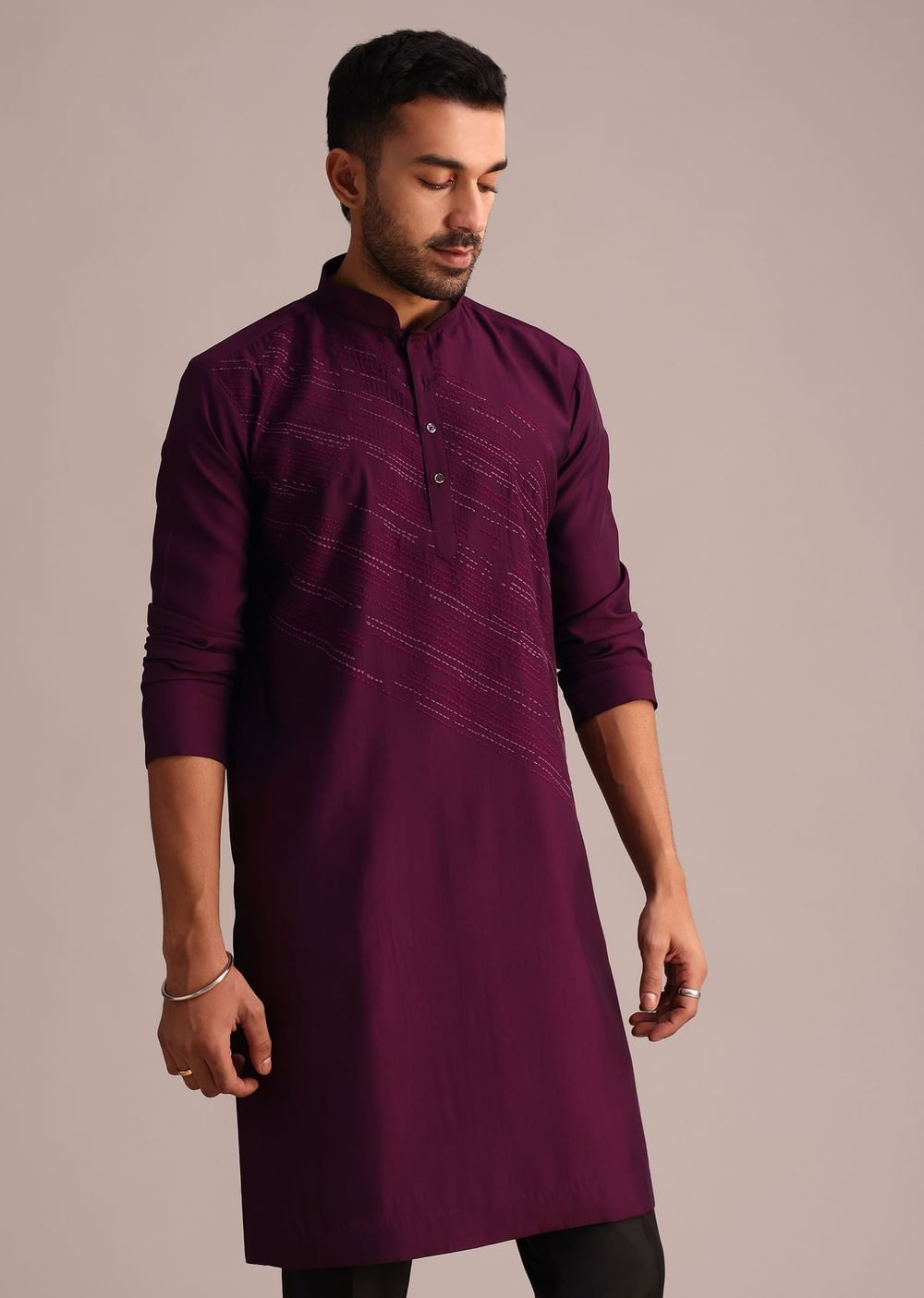 Wine Silk Blend Hand Embroidered Kurta Set