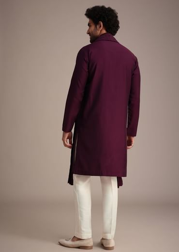 Wine Silk Blend Kurta Set With Thread Work Dupatta