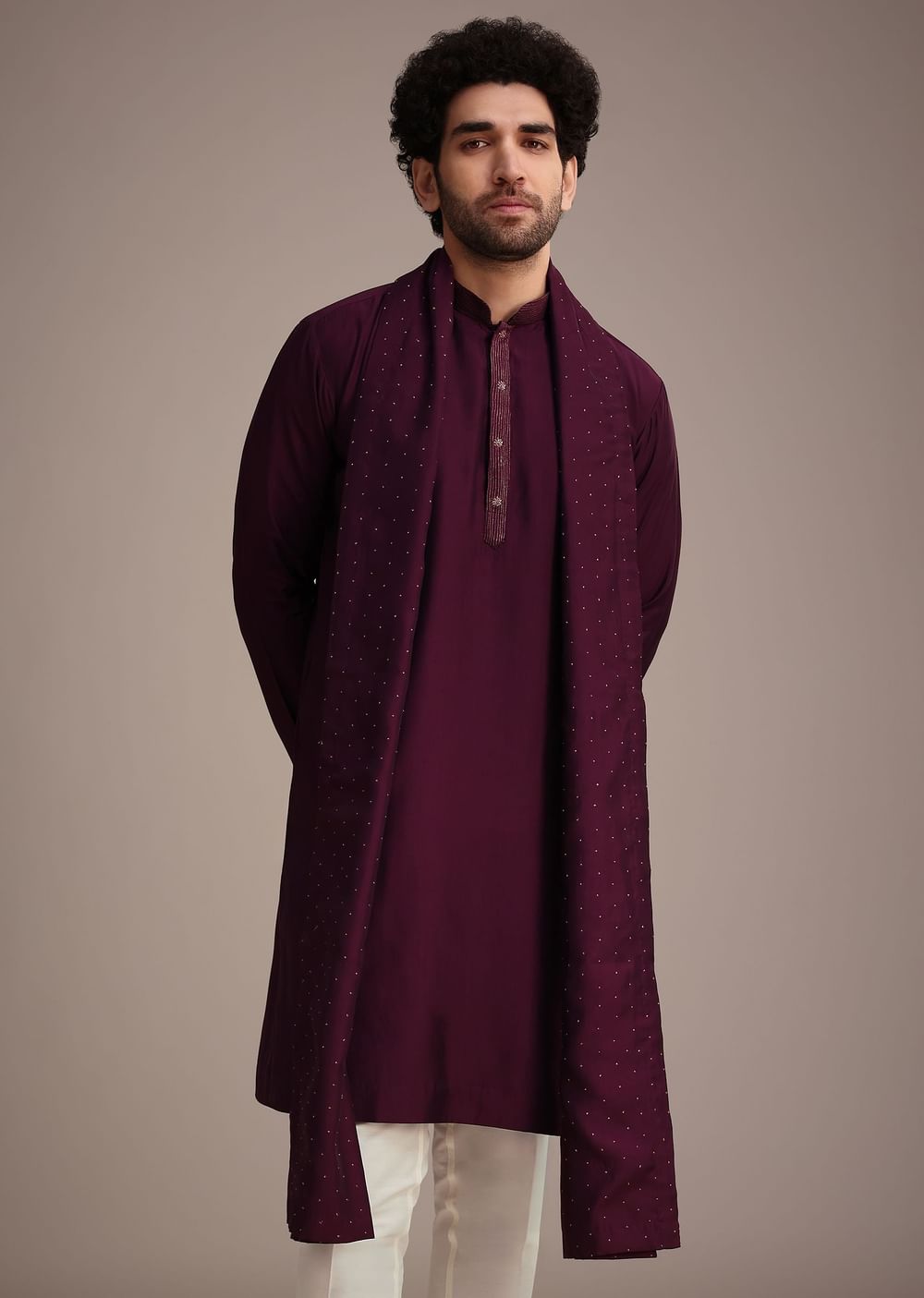 Wine Silk Blend Kurta Set With Thread Work Dupatta