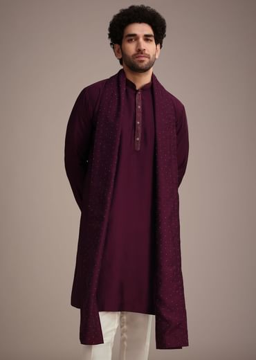 Wine Silk Blend Kurta Set With Thread Work Dupatta