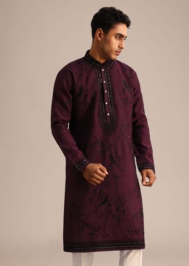Wine Silk Hand Embroidered Kurta Set