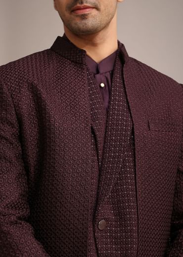 Wine Silk Indo Western And Kurta Set With Salli Work