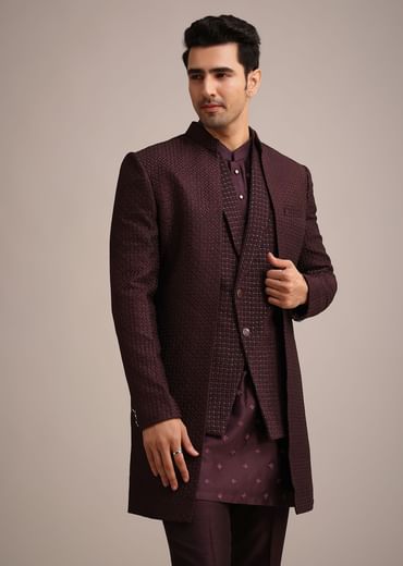 Wine Silk Indo Western And Kurta Set With Salli Work