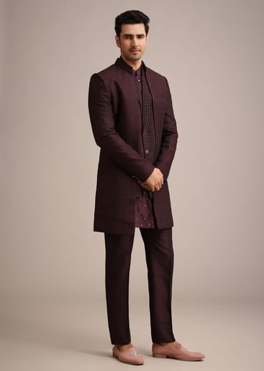 Wine Silk Indo Western And Kurta Set With Salli Work