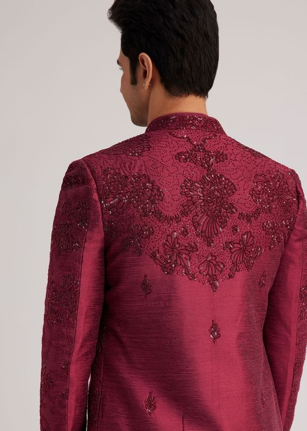 Wine Silk Open Sherwani Set With Zardosi Stone And Beads Work