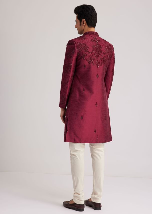 Wine Silk Open Sherwani Set With Zardosi Stone And Beads Work