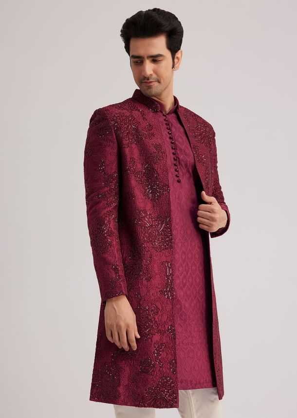 Wine Silk Open Sherwani Set With Zardosi Stone And Beads Work