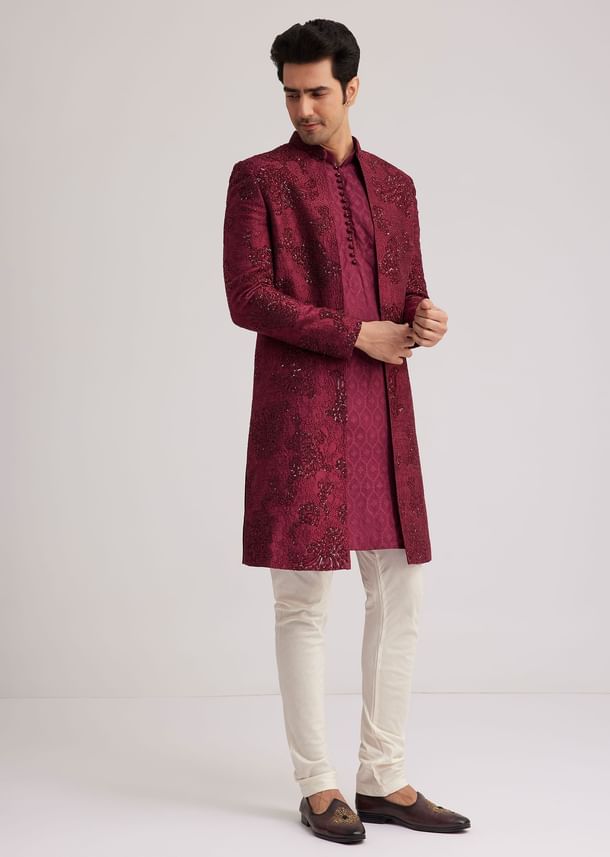 Wine Silk Open Sherwani Set With Zardosi Stone And Beads Work