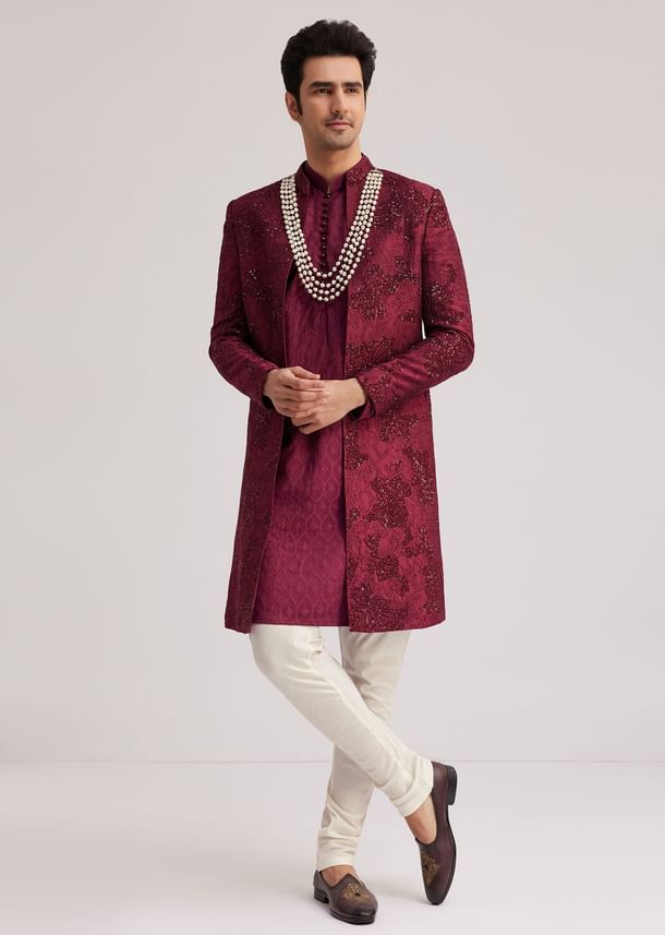 Wine Silk Open Sherwani Set With Zardosi Stone And Beads Work