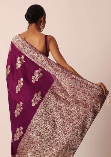 Wine Silk Saree with Butta Detail And Unstitched Blouse Piece