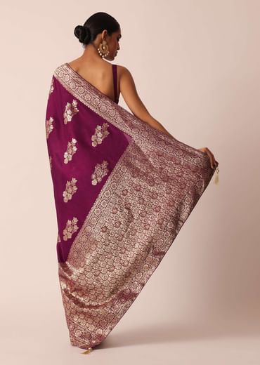 Wine Silk Saree with Butta Detail And Unstitched Blouse Piece